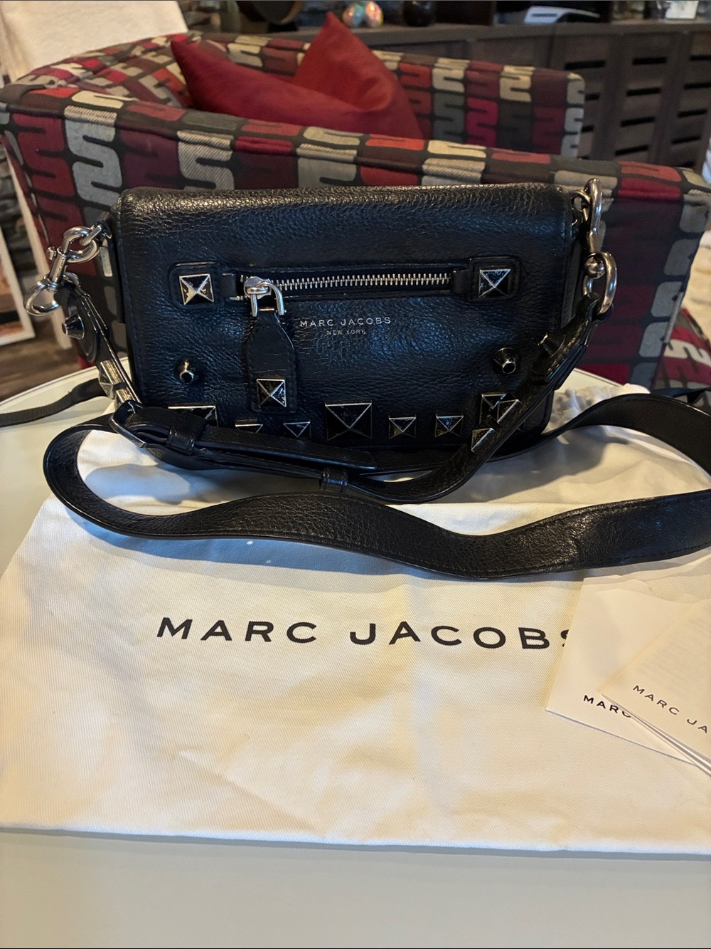 Marc Jacobs Black Leather Recruit Chipped Studded Crossbody Bag